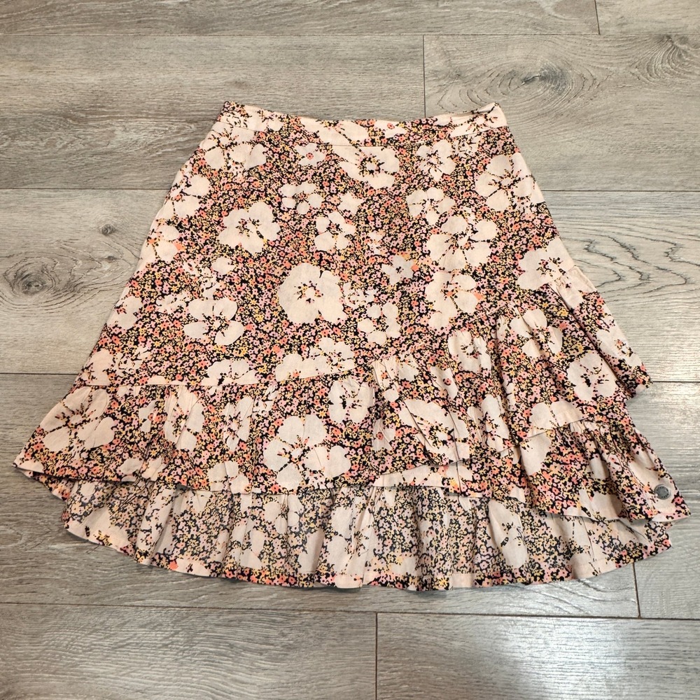 Roxy Floral Print Ruffle Tiered Mini Skirt Face to Love Xsmall XS Peach Pink‎